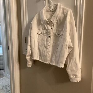 White Stretch Denim Jacket with Raw Edge bottom hem .Addition Elle
